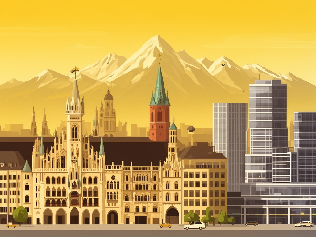 Illustration of Munich with Marienplatz, Alps and modern offices in bumblebee style