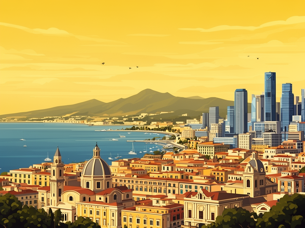 Illustration of Naples with Bay of Naples, historic center and modern B2B offices in bumblebee style