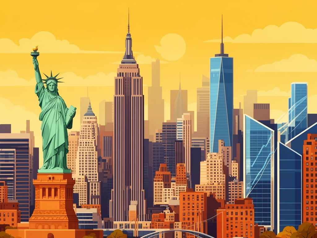 Illustration of New York City with skyscrapers, Statue of Liberty and modern B2B offices in bumblebee style