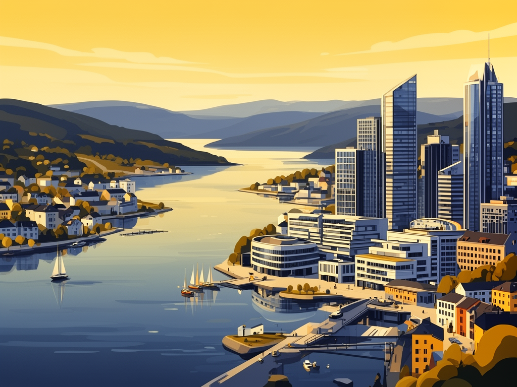 Illustration of Oslo with fjord, modern architecture and B2B offices in bumblebee style