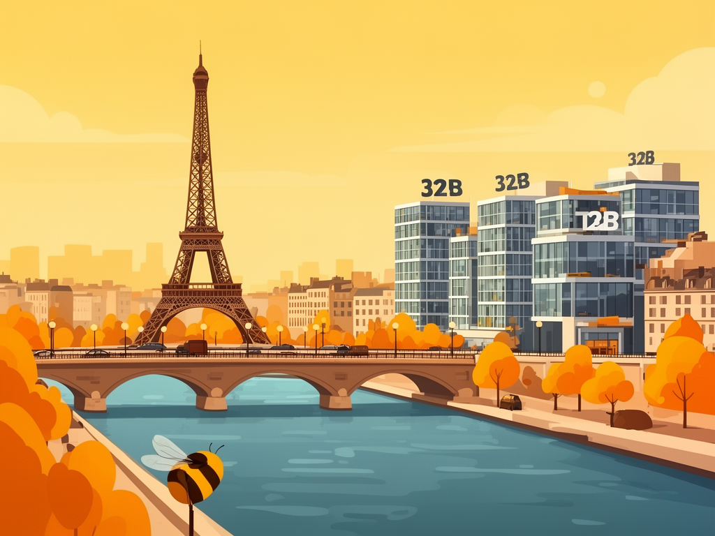 Illustration of Paris with Eiffel Tower, Seine and modern B2B offices in bumblebee style
