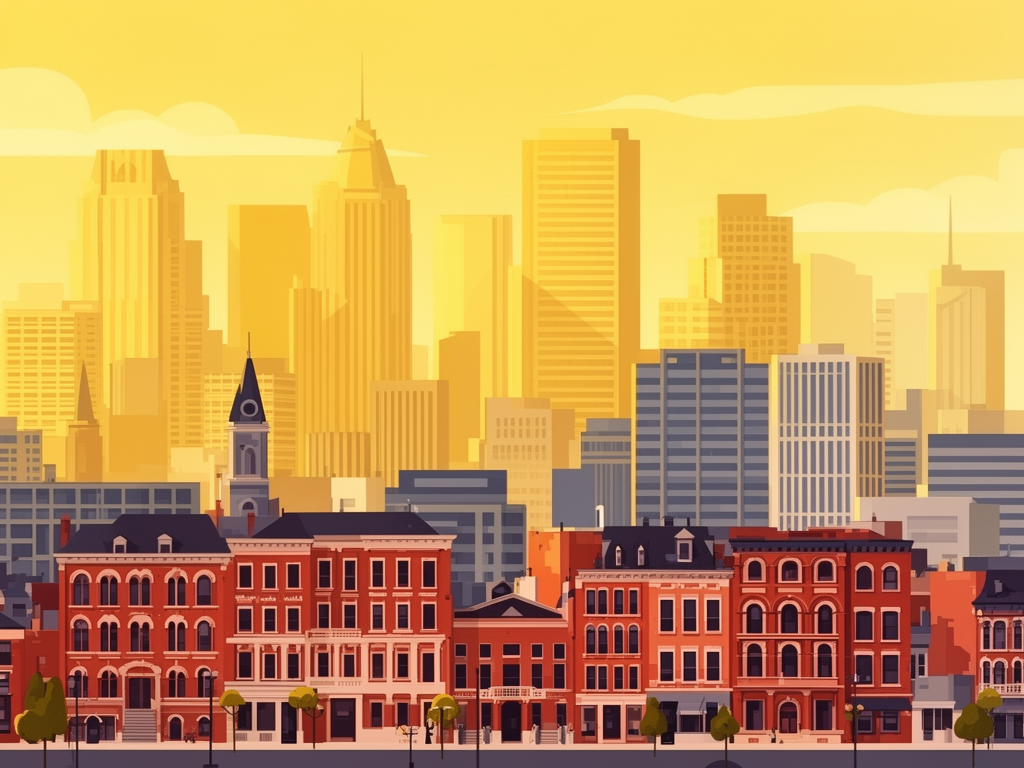 Illustration of Philadelphia with historic buildings, modern business district and B2B offices in bumblebee style