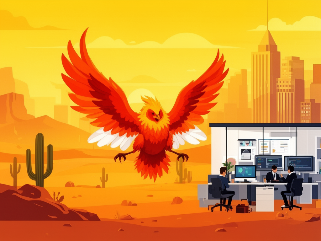 Illustration of Phoenix with desert landscape, modern tech offices and B2B offices in bumblebee style