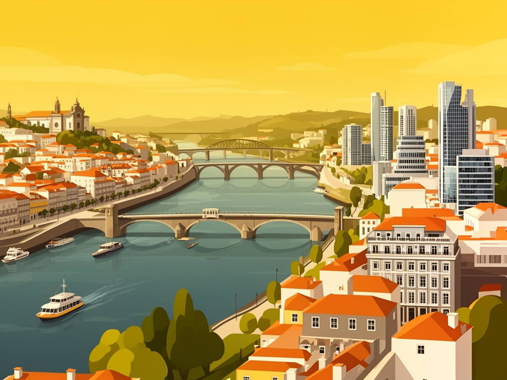 Illustration of Porto with Douro river, historic bridges and modern B2B offices in bumblebee style