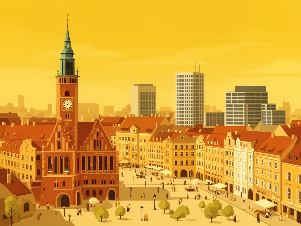 Illustration of Poznan with town hall, old market square and modern B2B offices in bumblebee style
