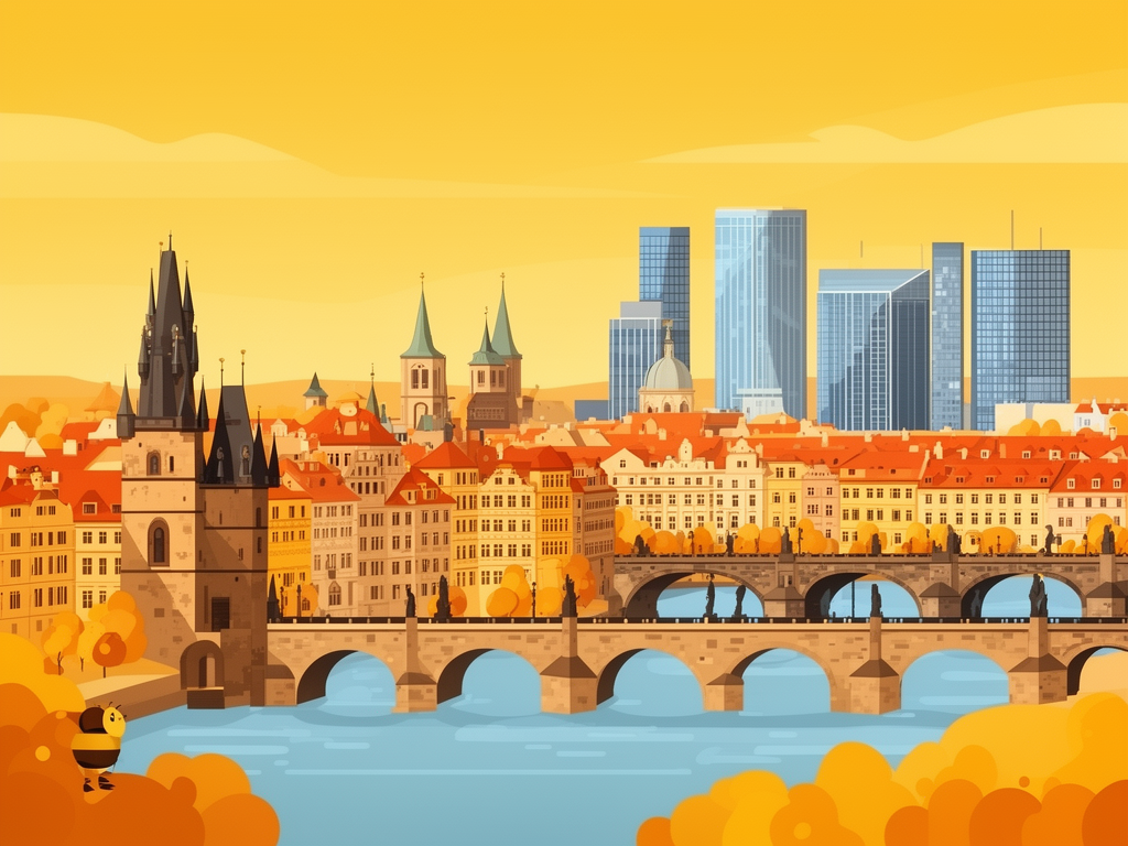 Illustration of Prague with Charles Bridge, historic old town and modern B2B offices in bumblebee style