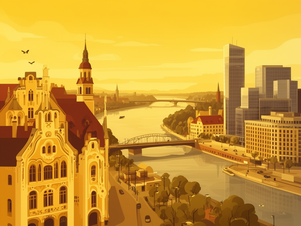 Illustration of Riga with Art Nouveau architecture, Daugava river and modern B2B offices in bumblebee style