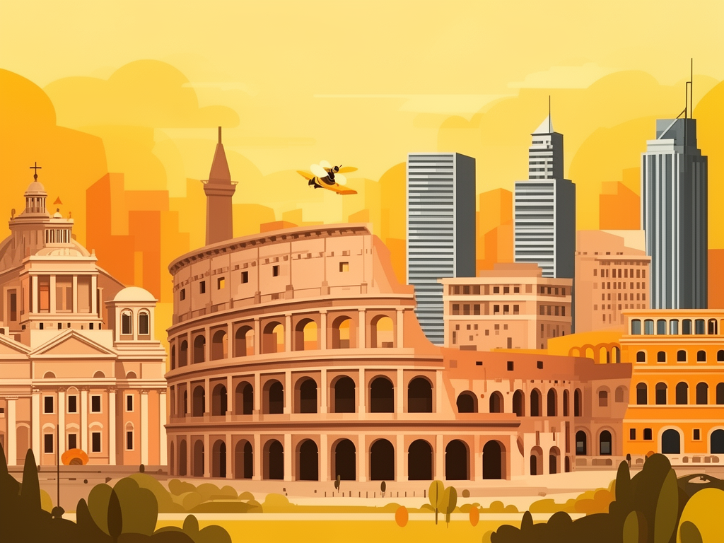 Illustration of Rome with Colosseum, historic architecture and modern B2B offices in bumblebee style