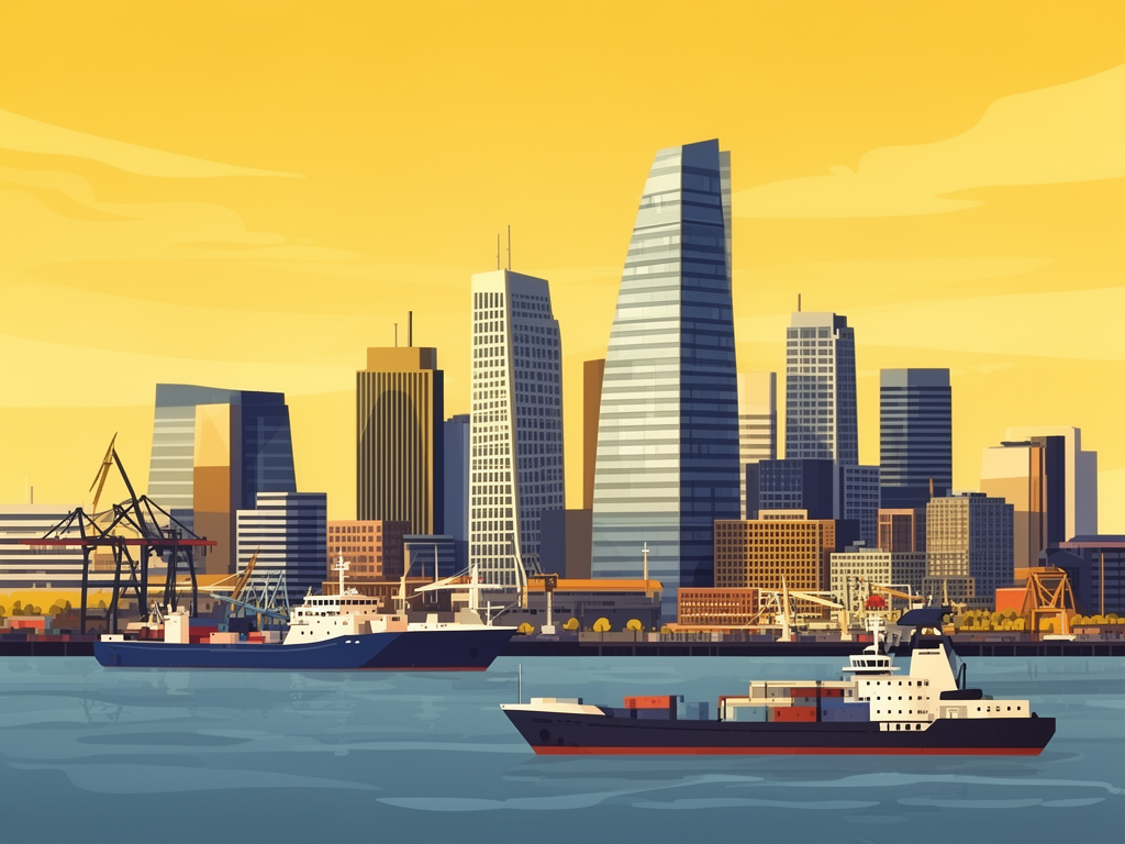 Illustration of Rotterdam with modern architecture, port and modern B2B offices in bumblebee style