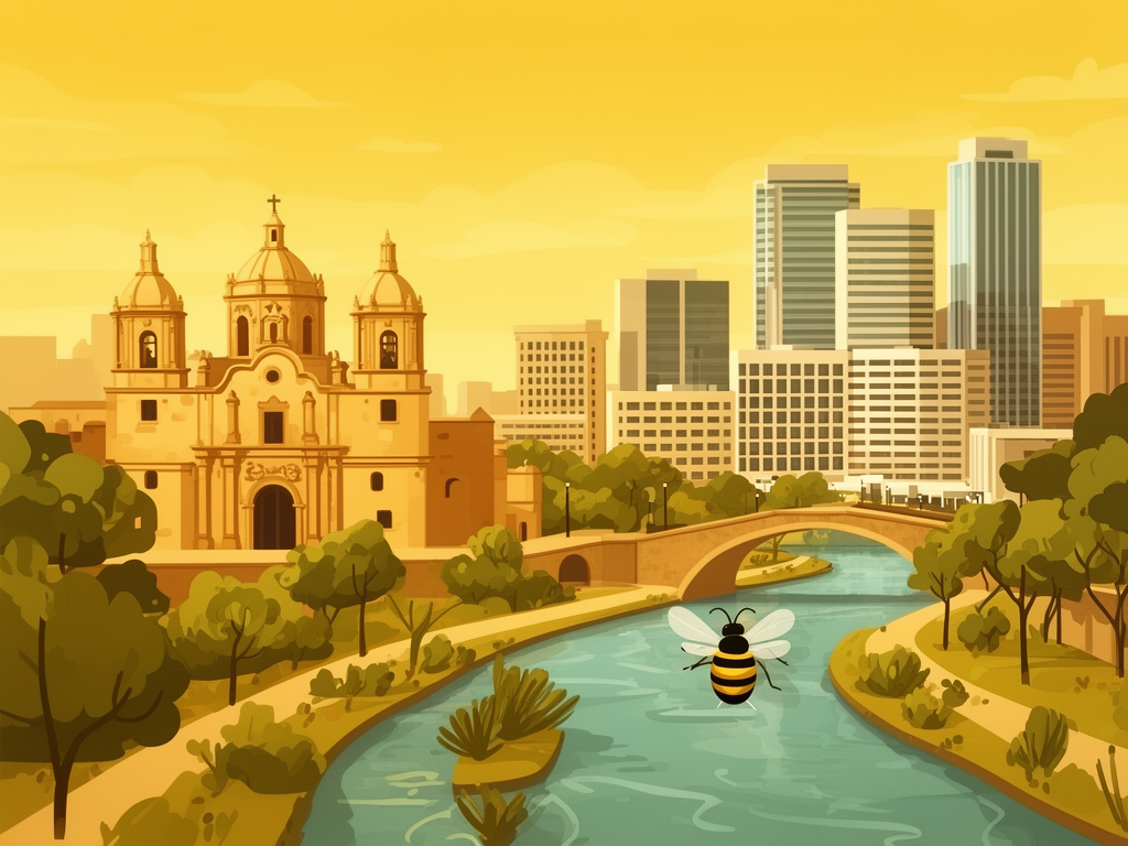 Illustration of San Antonio with River Walk, historic missions and modern B2B offices in bumblebee style