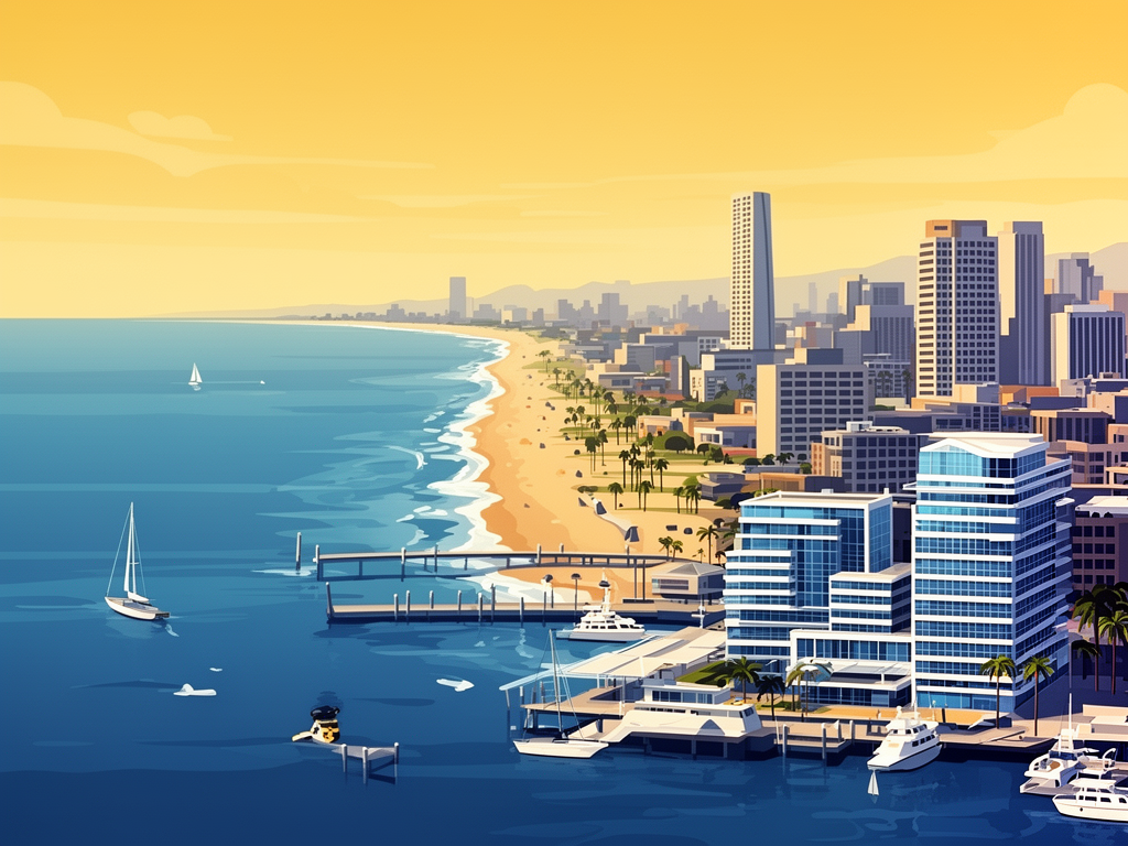 Illustration of San Diego with Pacific coast, harbor and modern B2B offices in bumblebee style