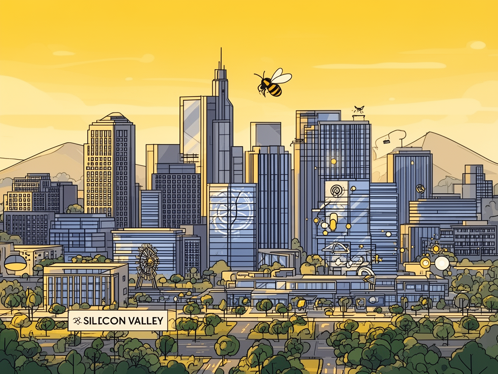 Illustration of San Jose with Silicon Valley tech offices, modern business district and B2B offices in bumblebee style