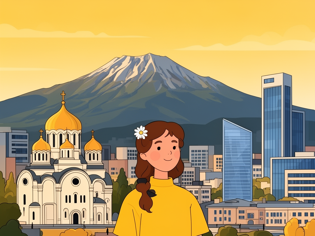 Illustration of Sofia with Alexander Nevsky Cathedral, Vitosha mountain and modern B2B offices in bumblebee style
