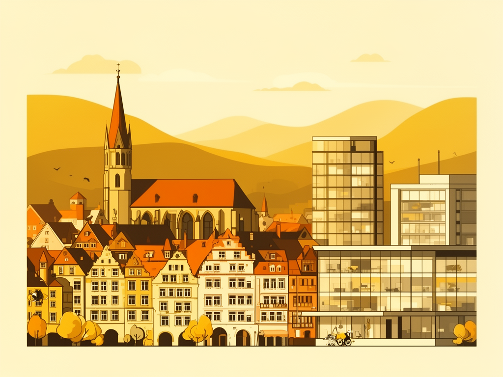 Illustration of St. Gallen old town and hills in bumblebee style