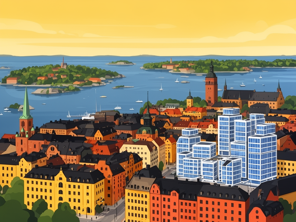 Illustration of Stockholm with archipelago, historic old town and modern B2B offices in bumblebee style