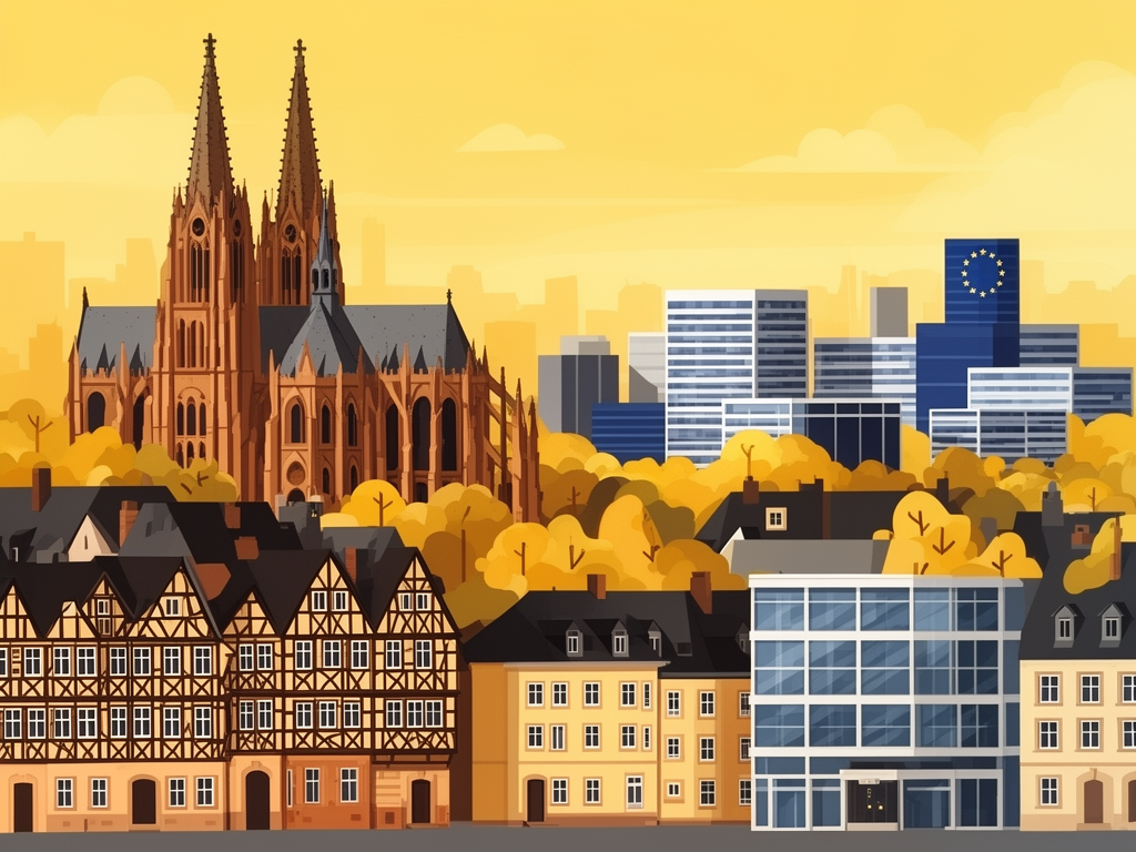 Illustration of Strasbourg port, Mediterranean and modern B2B offices in bumblebee style
