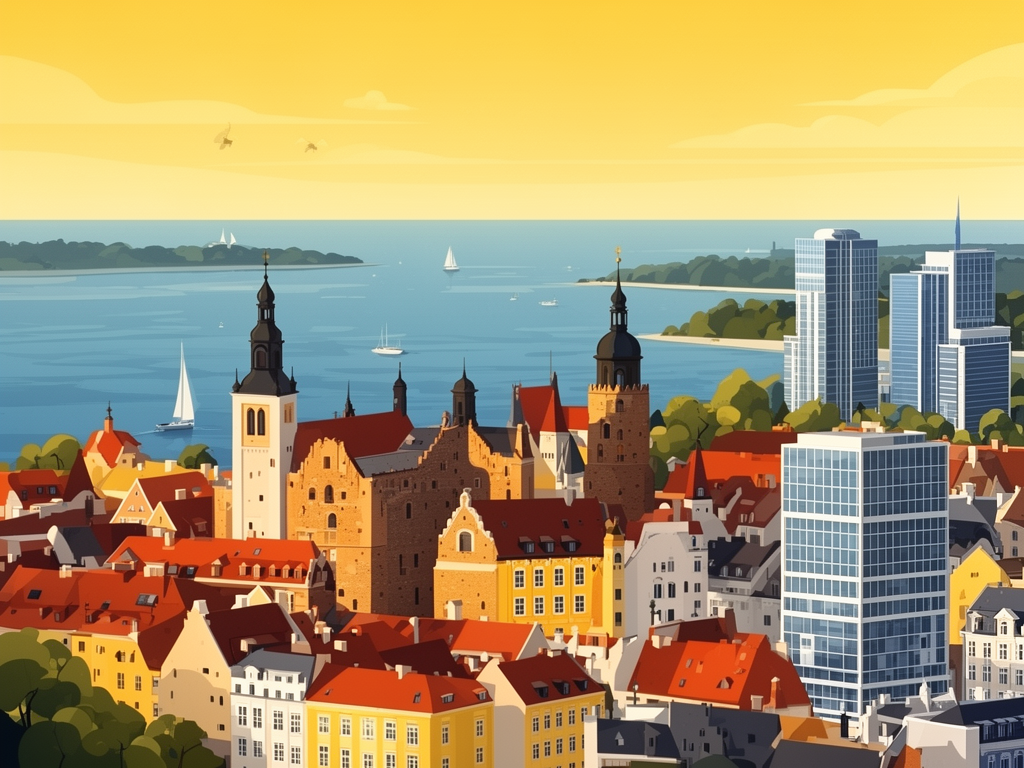 Illustration of Tallinn with medieval old town, Baltic Sea and modern B2B offices in bumblebee style