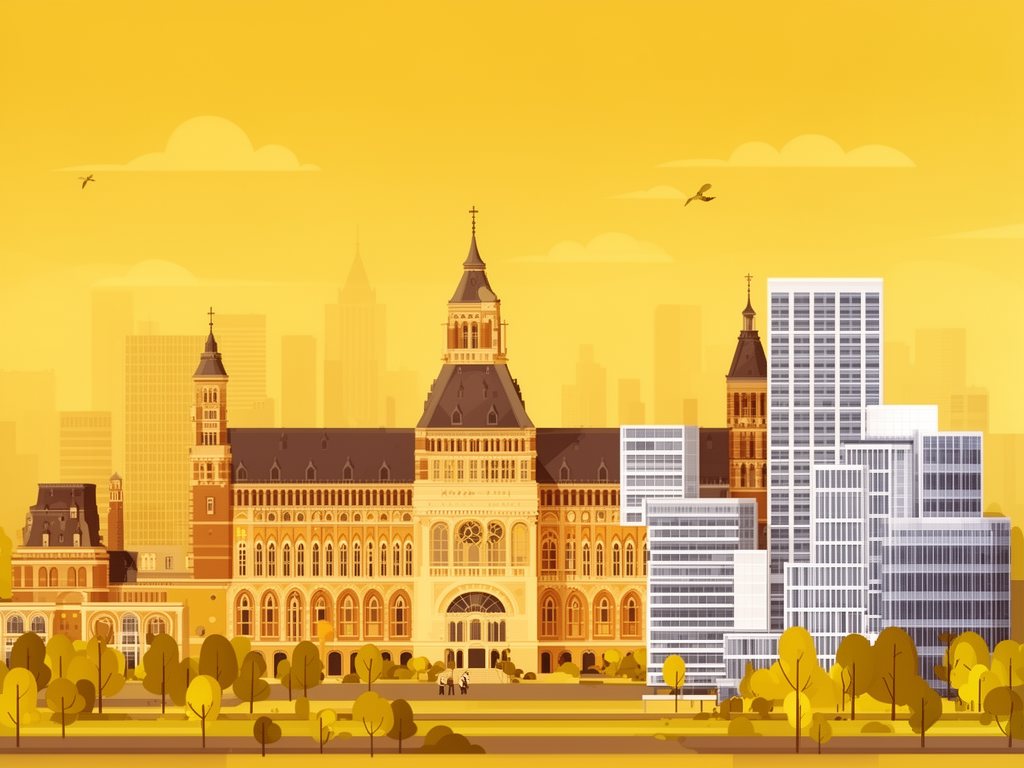 Illustration of The Hague with government buildings, peace palace and modern B2B offices in bumblebee style