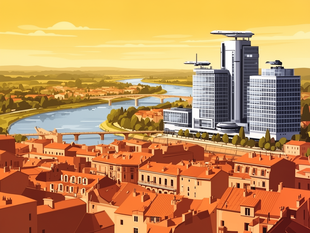 Illustration of Toulouse port, Mediterranean and modern B2B offices in bumblebee style