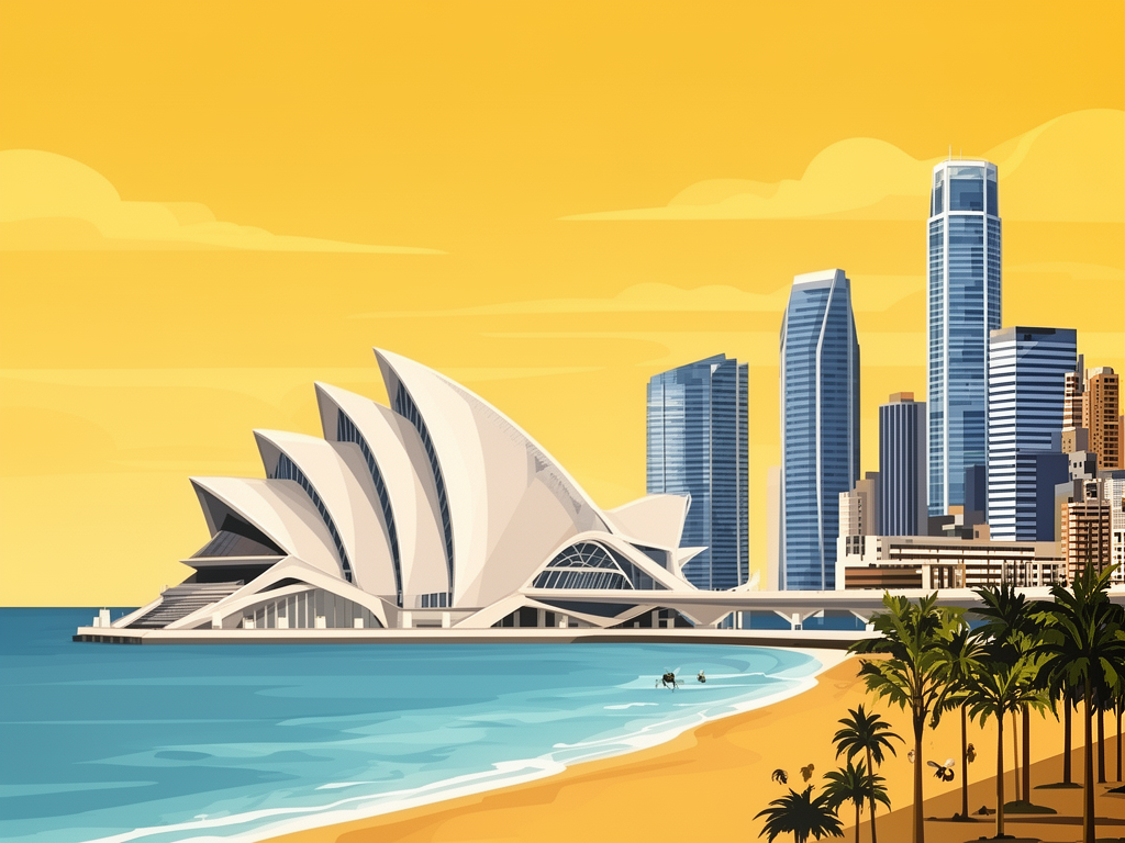 Illustration of Valencia with City of Arts and Sciences, Mediterranean coast and modern B2B offices in bumblebee style