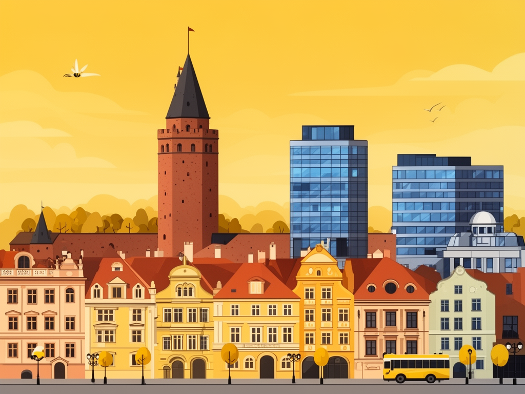 Illustration of Vilnius with historic old town, Gediminas Tower and modern B2B offices in bumblebee style
