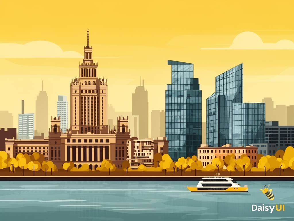 Illustration of Warsaw skyline with Palace of Culture, Vistula and modern B2B offices in bumblebee style