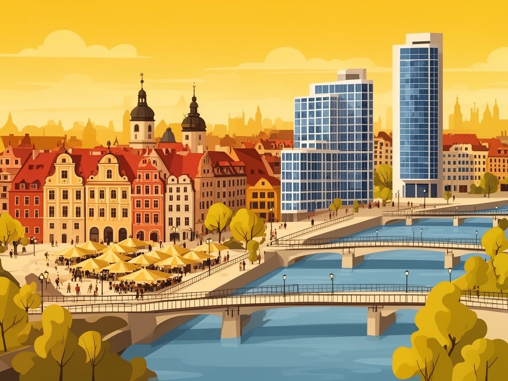 Illustration of Wroclaw with market square, bridges over the Odra river and modern B2B offices in bumblebee style