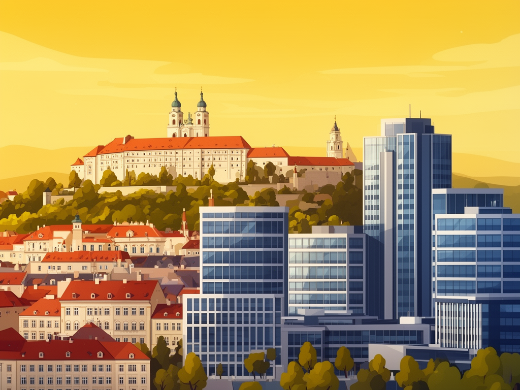 Illustration of Zagreb with historic upper town, modern business district and B2B offices in bumblebee style