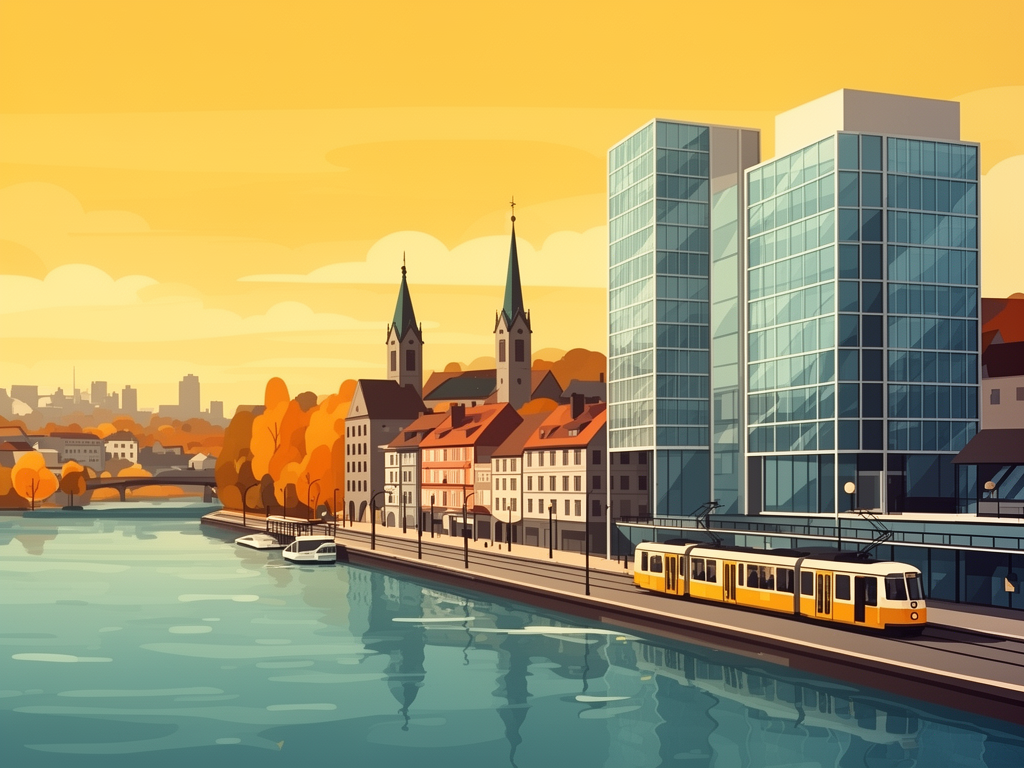 Illustration of Zurich with lake, tram, and modern B2B offices in bumblebee style